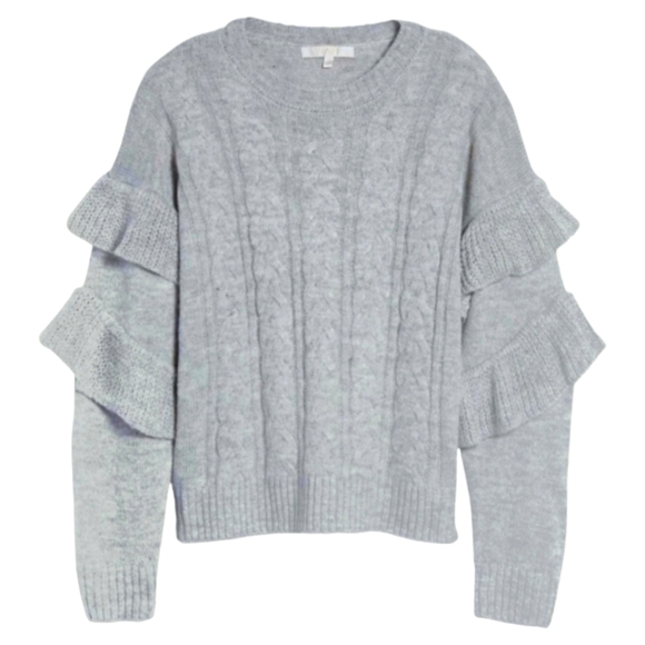 WAYF Sophie Crop Cable Knit Sweater Heather Gray Ruffle Sleeve Women Large Crew - Picture 1 of 16